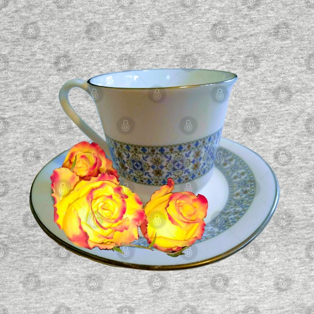 Fancy a cup of tea ? - saying with teacup, saucer and yellow roses with red tips by Artonmytee